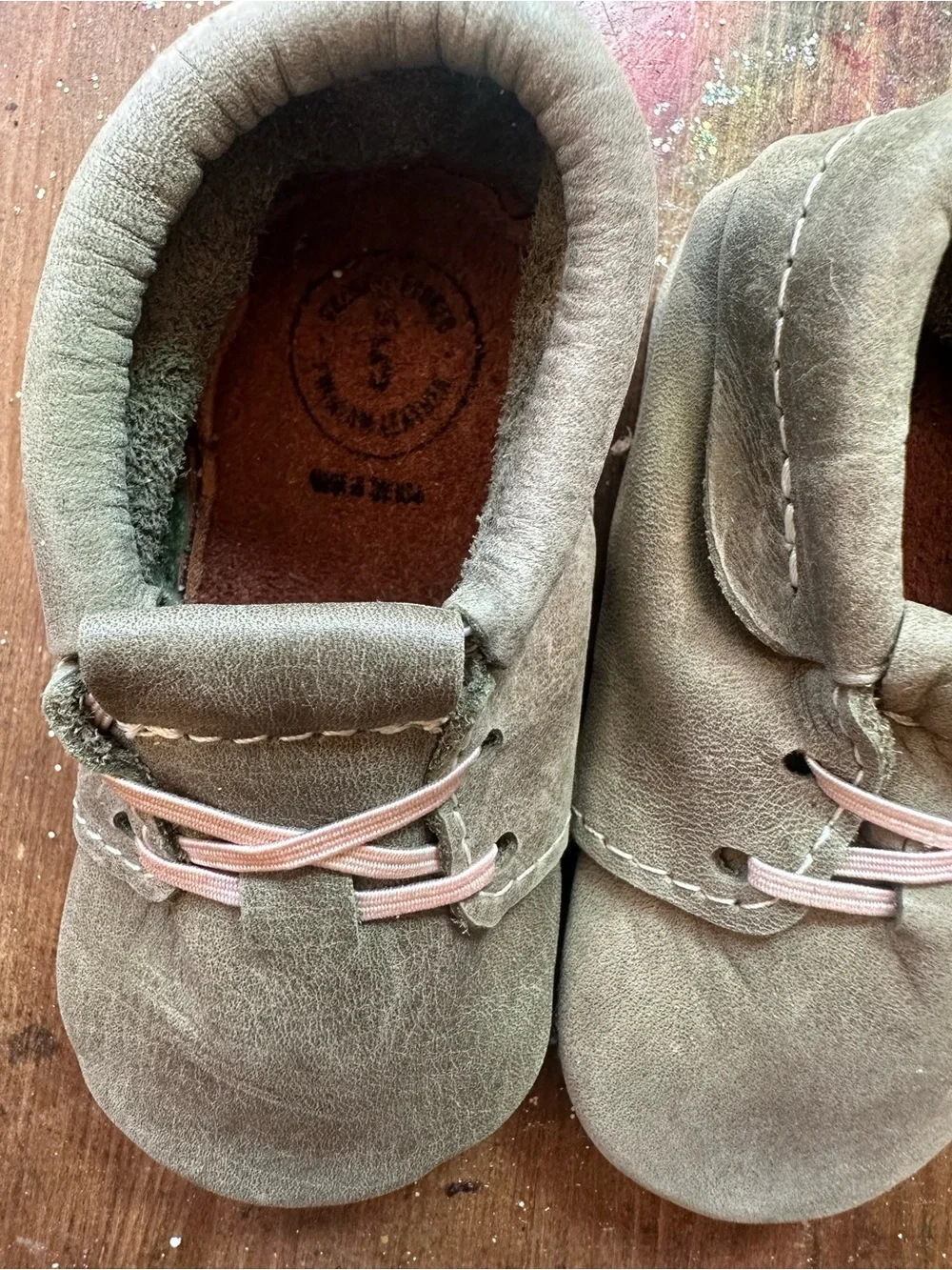 Freshly Picked Olive Green Leather Baby Moccasins with Tan Laces
